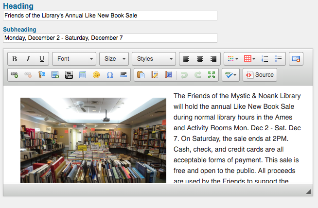 HTML editor box from library content management website advertising for a Friends booksale
